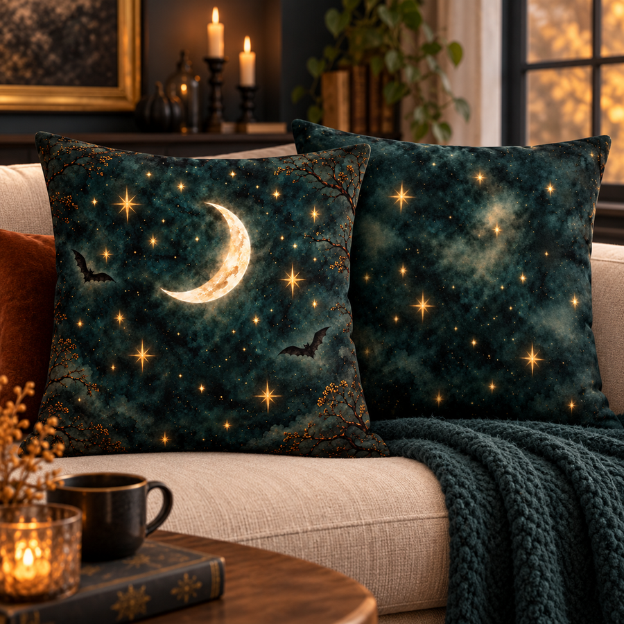 Moonlit Bat Sky Throw Pillow 18×18 celestial Halloween mockup