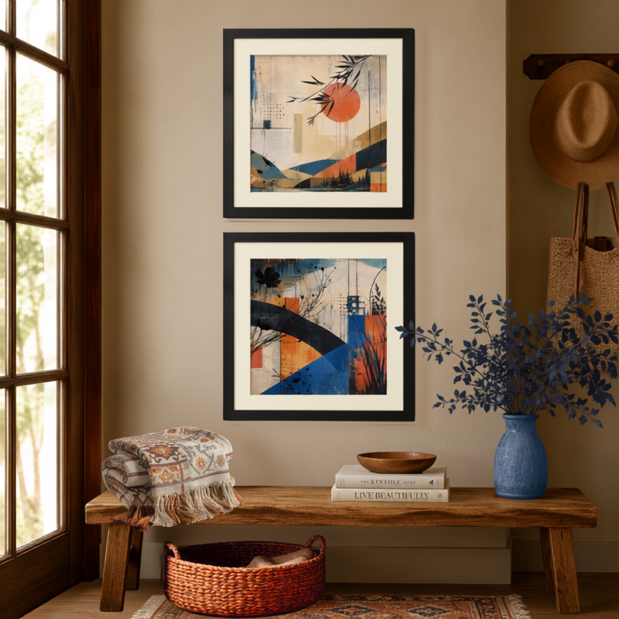 Abstract Sun & Botanical Framed Poster Pair 10×10 | Street Art Wall Art