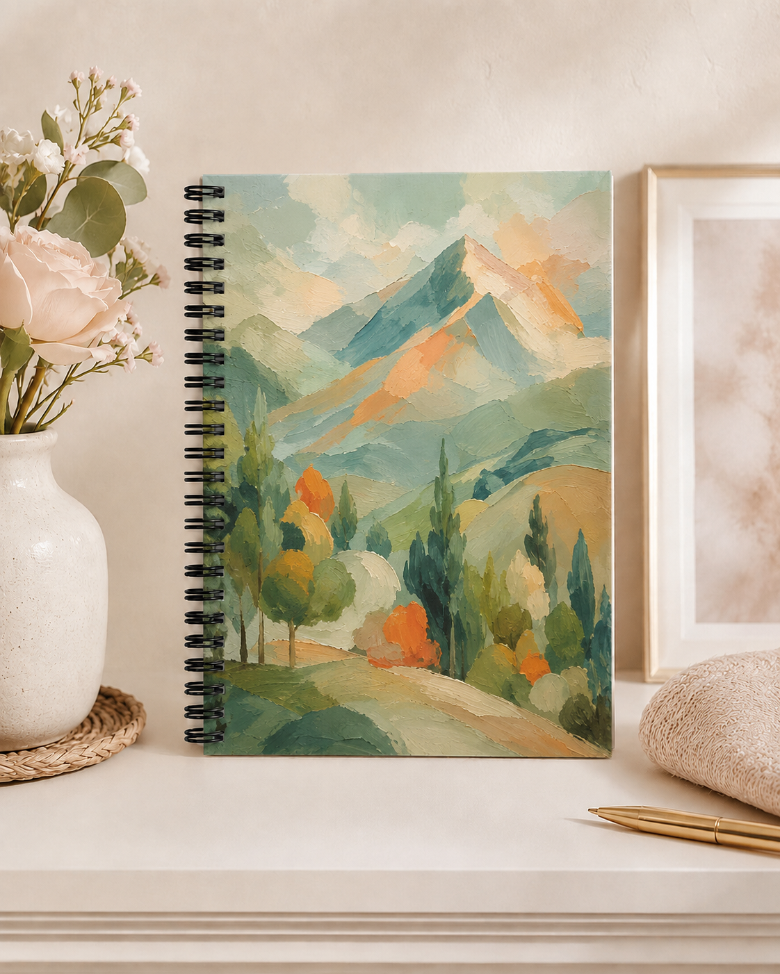 A spiral-bound notebook with a watercolor mountain landscape cover sits on a tabletop beside a vase of flowers, a framed print, and a folded towel.
