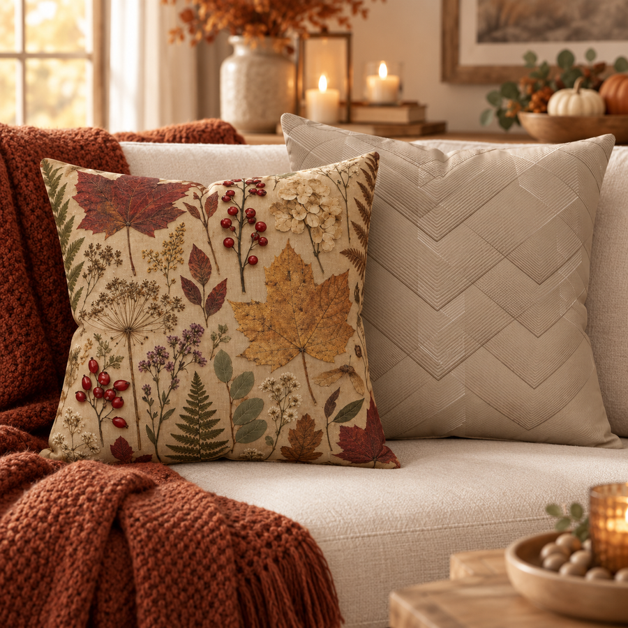 Pressed-Look Autumn Botanicals Throw Pillow 18×18 fall decor mockup