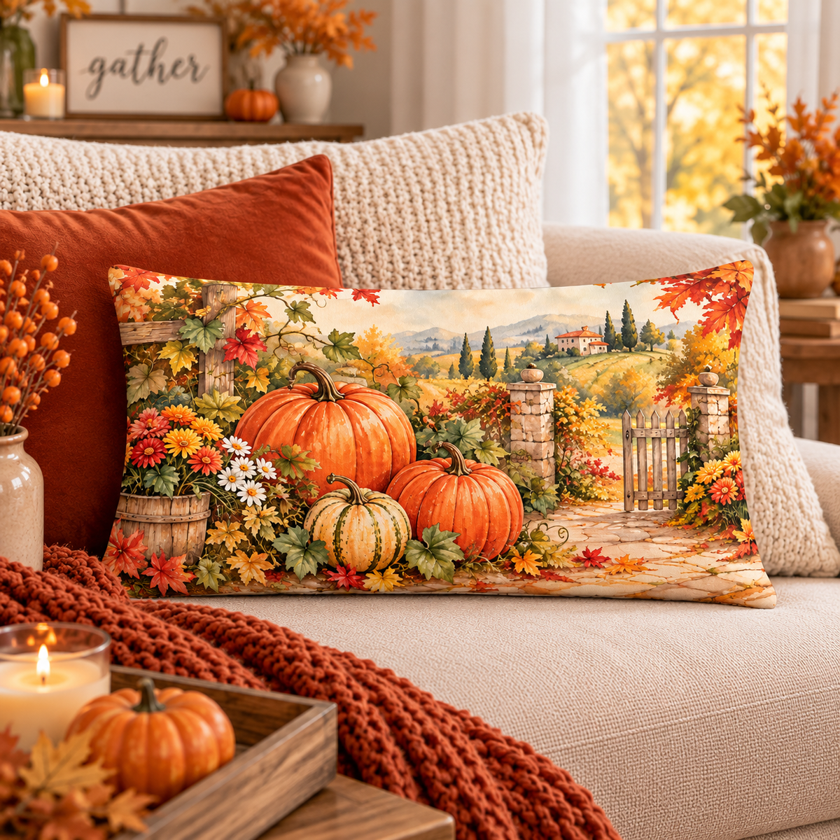 Pumpkin Garden Lumbar Pillow 20×12 fall harvest decor mockup