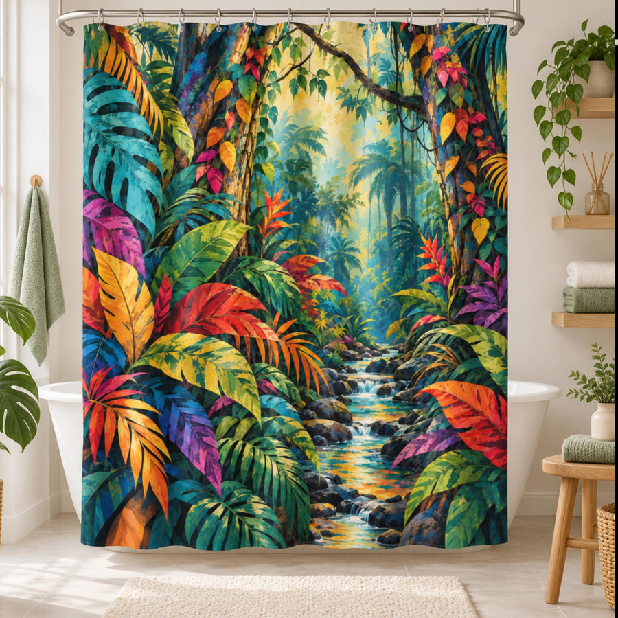 Tropical Rainforest Shower Curtain with colorful jungle artwork