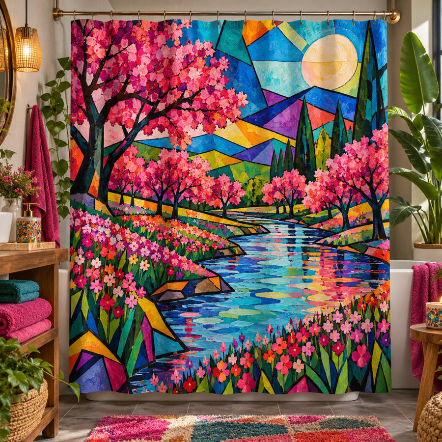 Colorful Stained Glass Garden Shower Curtain with floral river landscape