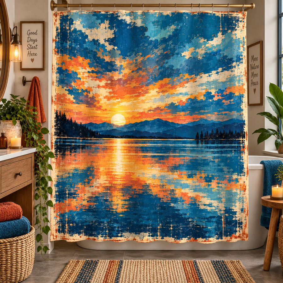 Vintage Sunset Lake Shower Curtain with mountain reflection landscape