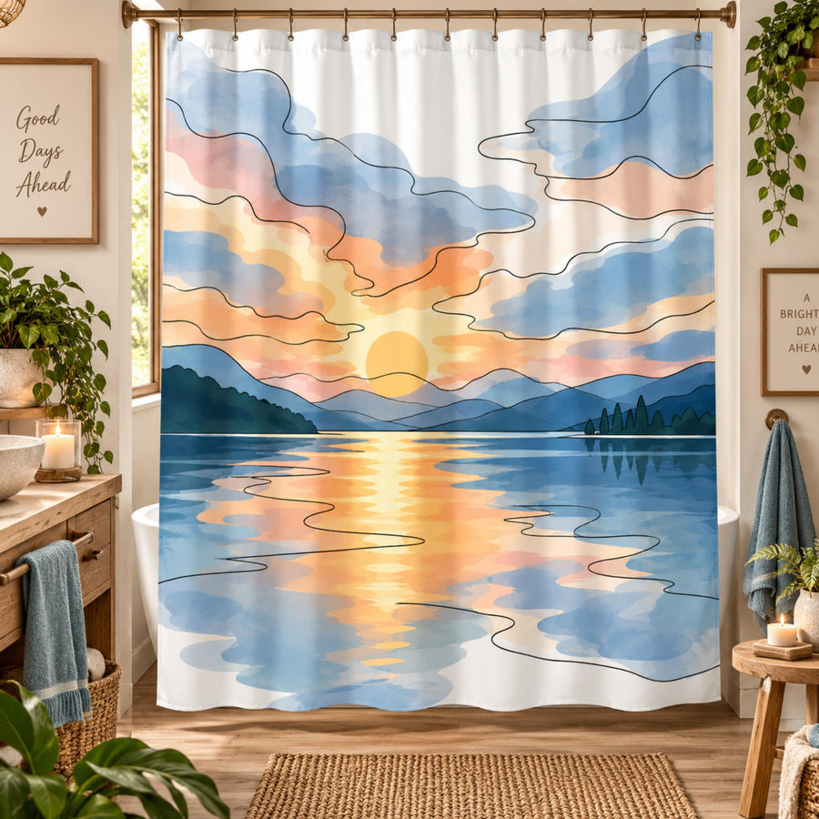 Sunset Lake Shower Curtain 71×74 with minimalist mountain landscape