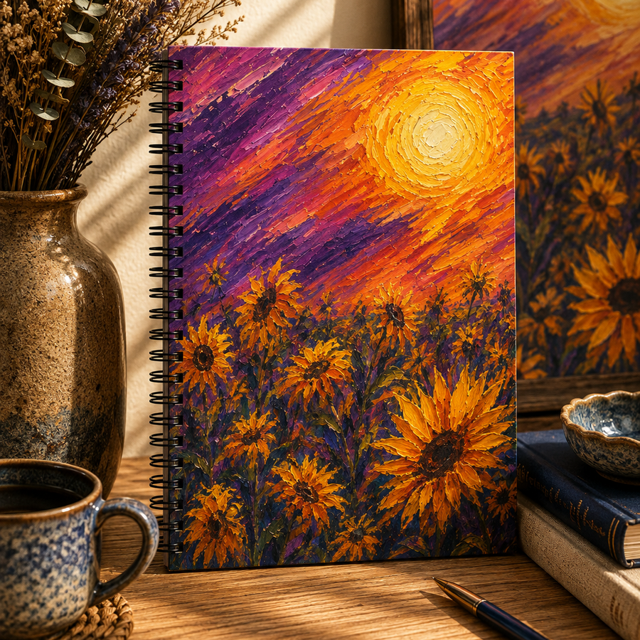 Sunflower Sunset Spiral Notebook with ruled pages and floral cover