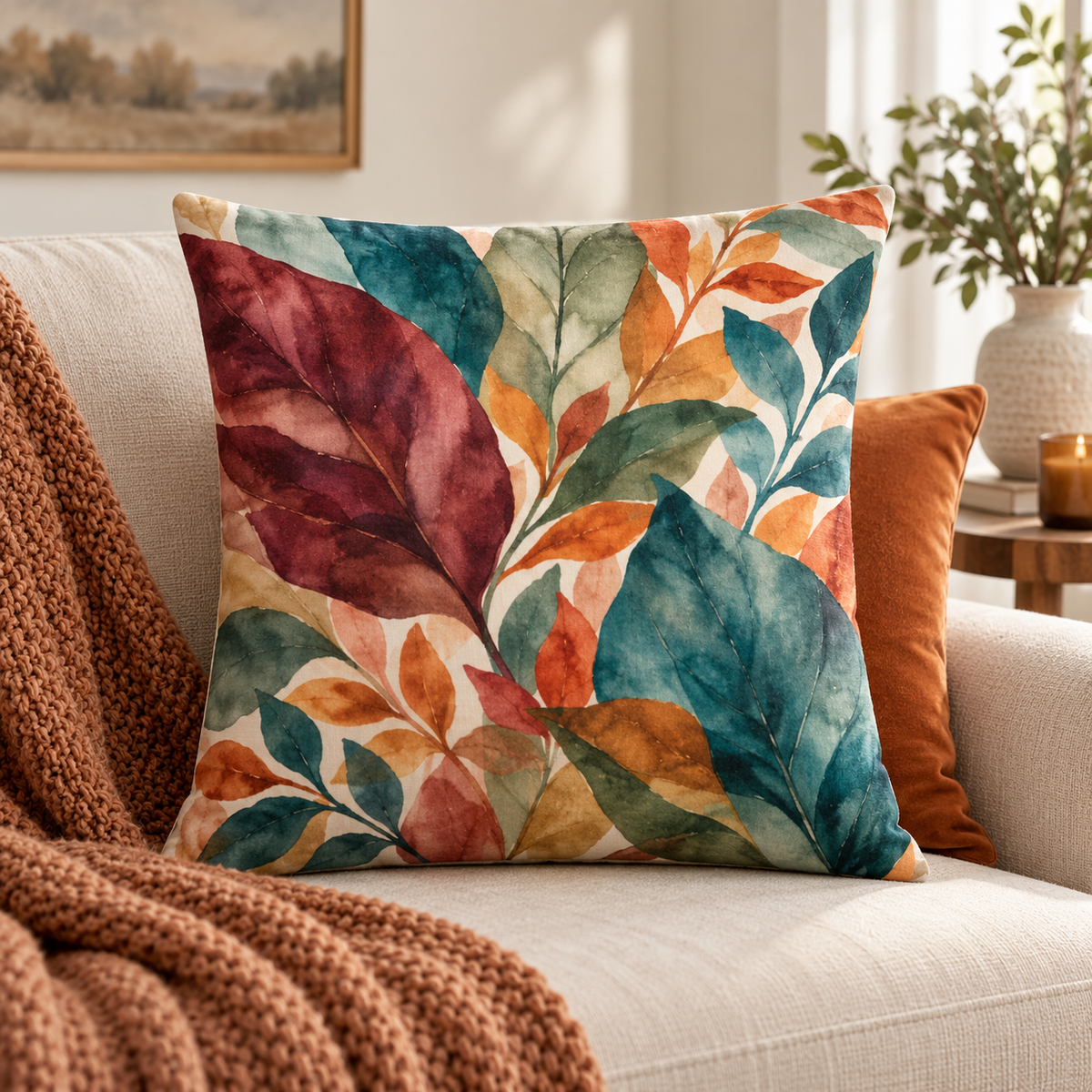 Teal and Burgundy Leaf Pillow 18×18 fall botanical decor mockup