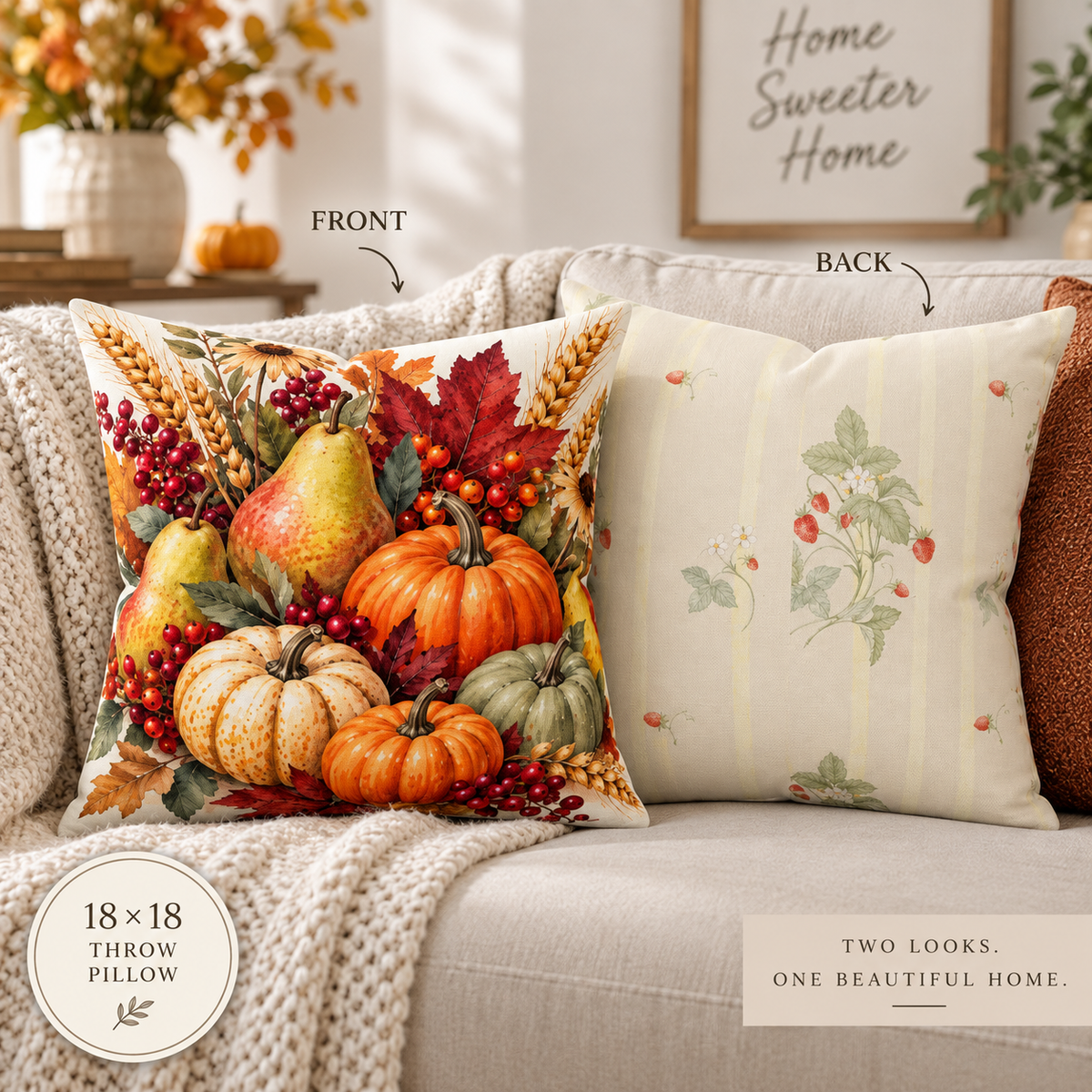 Thanksgiving Harvest Throw Pillow 18×18 with pumpkins, pears, wheat, berries and autumn leaves