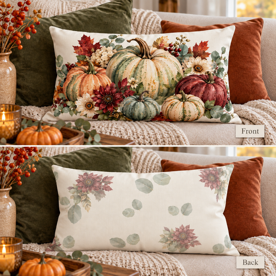 Watercolor Pumpkin Pillow 20×12 sage and burgundy fall decor mockup