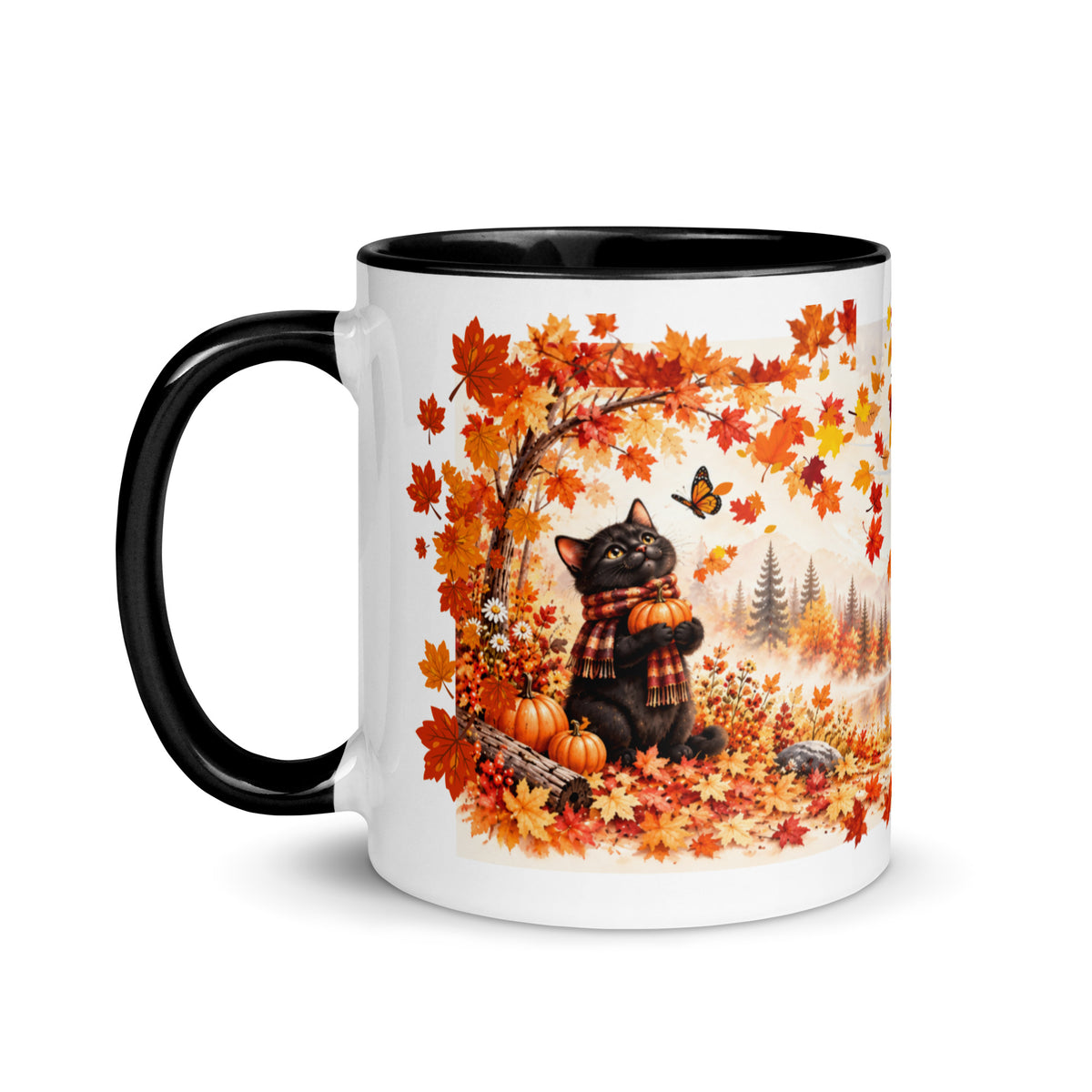 Black Cat Fall Mug 11 oz with pumpkin and autumn artwork