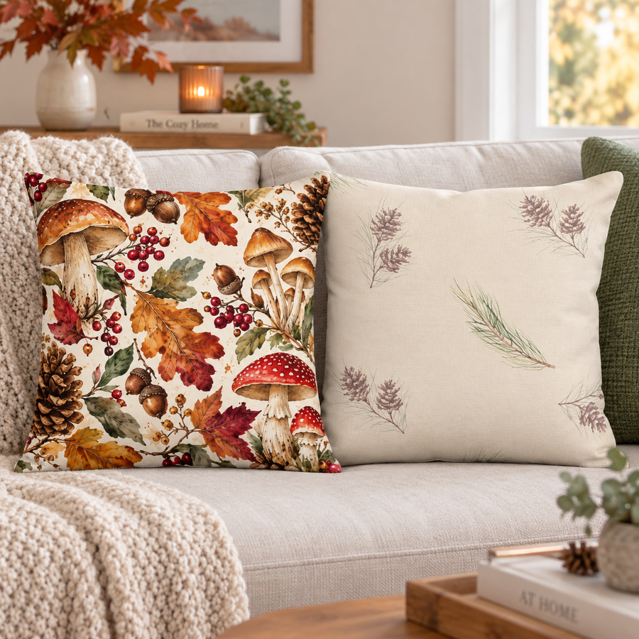 Woodland Fall Throw Pillow 18×18 | Mushroom & Acorn Decor