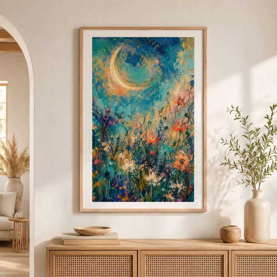 Wildflowers Beneath a Crescent Moon vertical framed poster lifestyle mockup